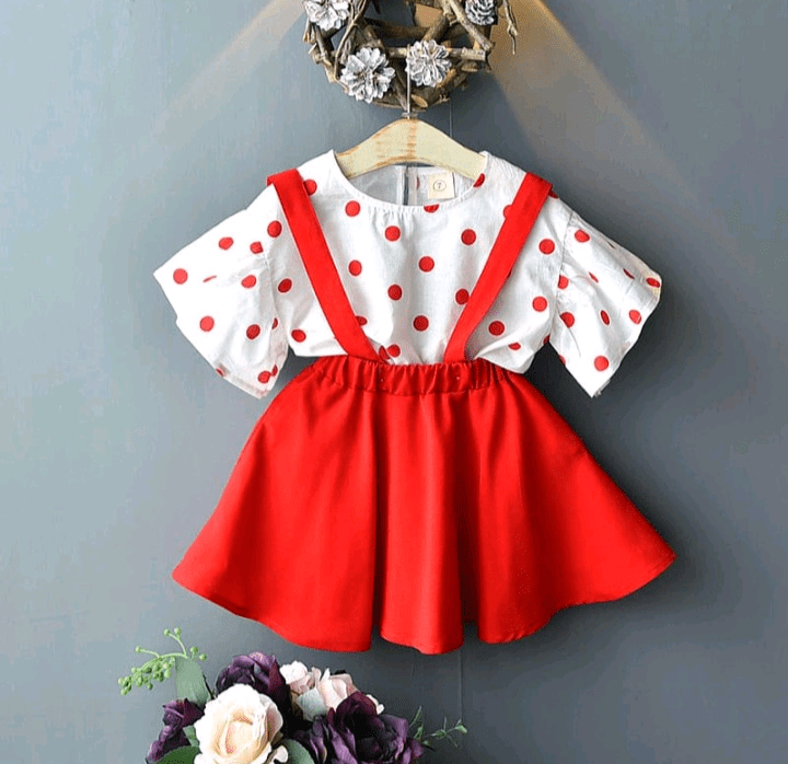 polka dot ruffle sleeved top & suspender skirt set