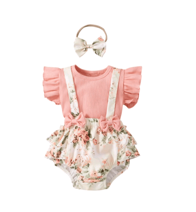 Floral suspender skirt & top set with headband