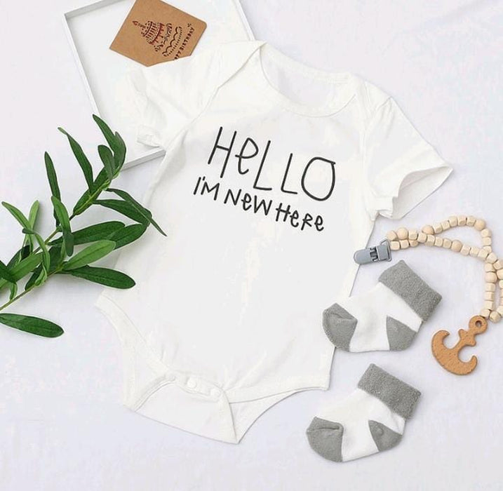 New here greeting baby onesie