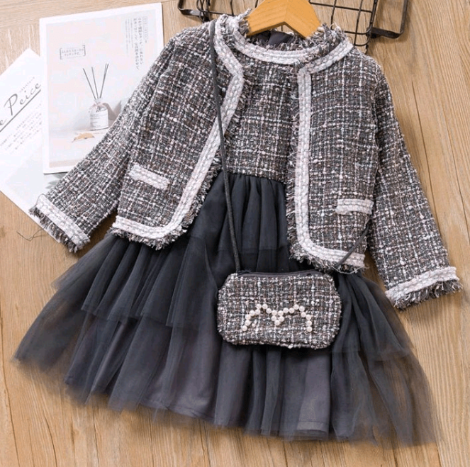 Mesh meets tweed mini fashionista dress ,blazer & purse set