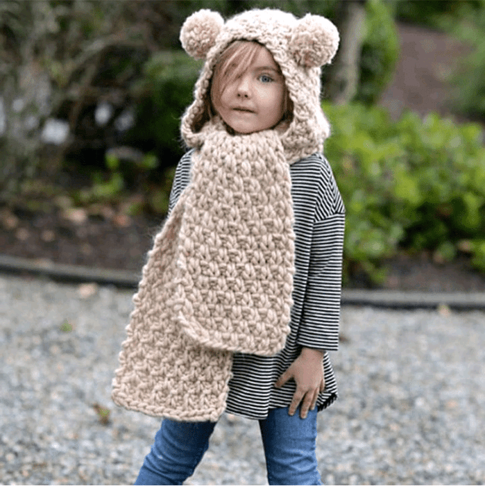 Girl's hooded pompom scarf