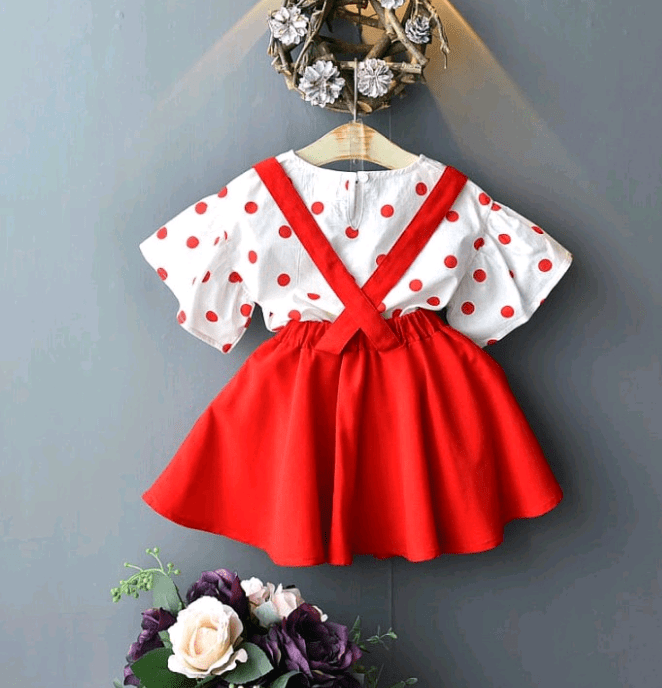 polka dot ruffle sleeved top & suspender skirt set