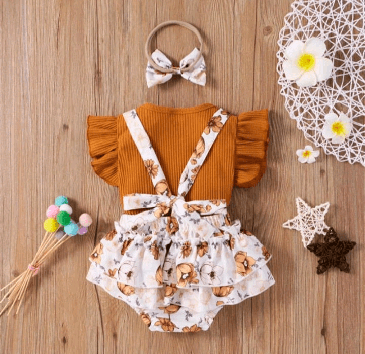 Floral suspender skirt & top set with headband