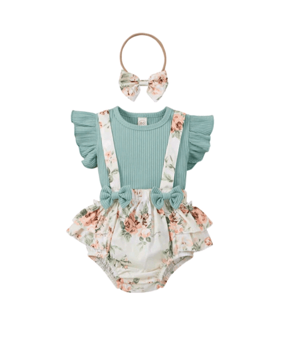 Floral suspender skirt & top set with headband