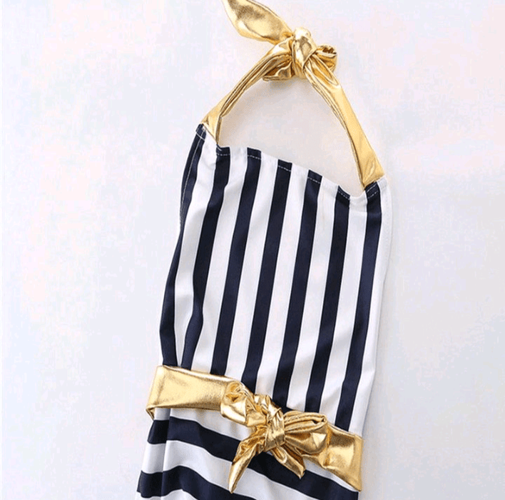 Nautical striped one - piece halter swimsuit w/ headband